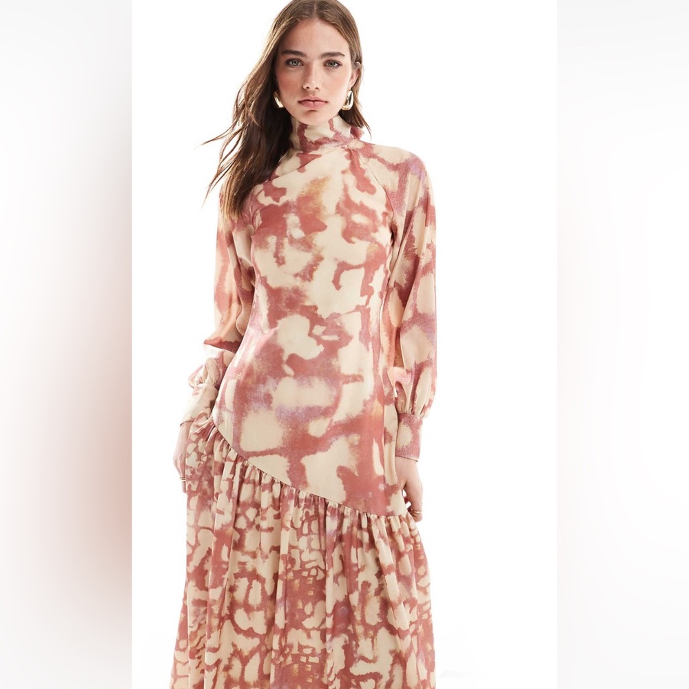 ASOS Design High Neck Dropped Asymmetric Seam Maxi Dress in Blurred Print